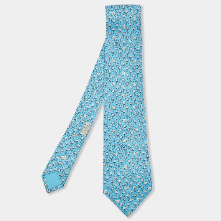 مملوكة مسبقًا Hermès Blue Palm Trees & Elephant Print Silk Traditional Tie