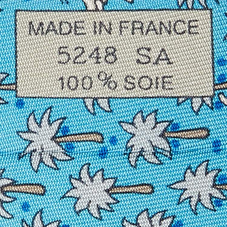 مملوكة مسبقًا Hermès Blue Palm Trees & Elephant Print Silk Traditional Tie