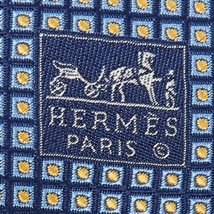 Pre Owned Hermès Dark Blue Dotted Check Pattern Silk Traditional Tie