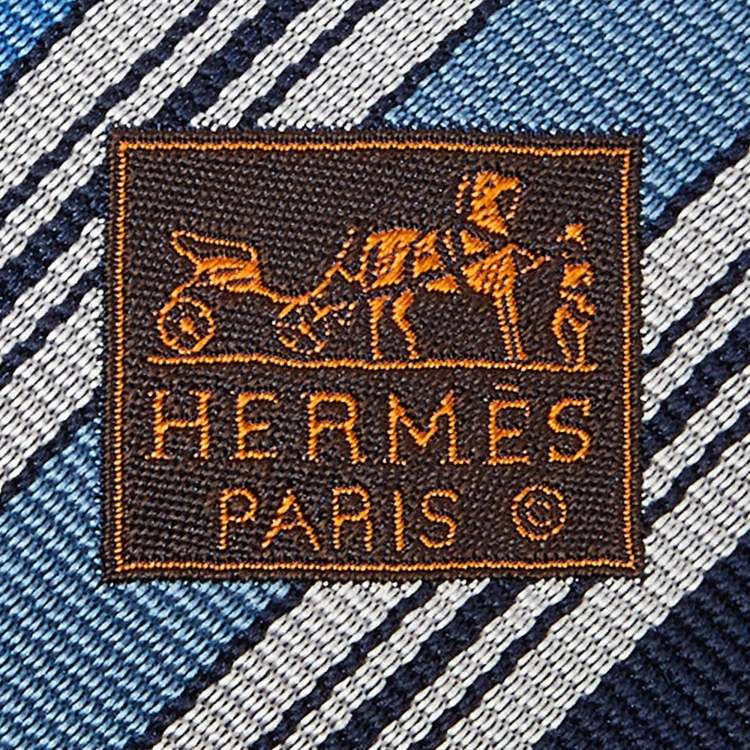 Pre Owned Hermès Blue Diagonal Stripe Pattern Silk Classic Tie