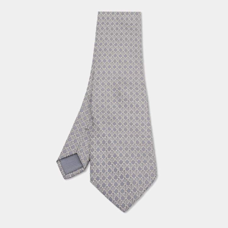 Pre Owned Hermès Grey Printed Silk Twill Traditional Tie