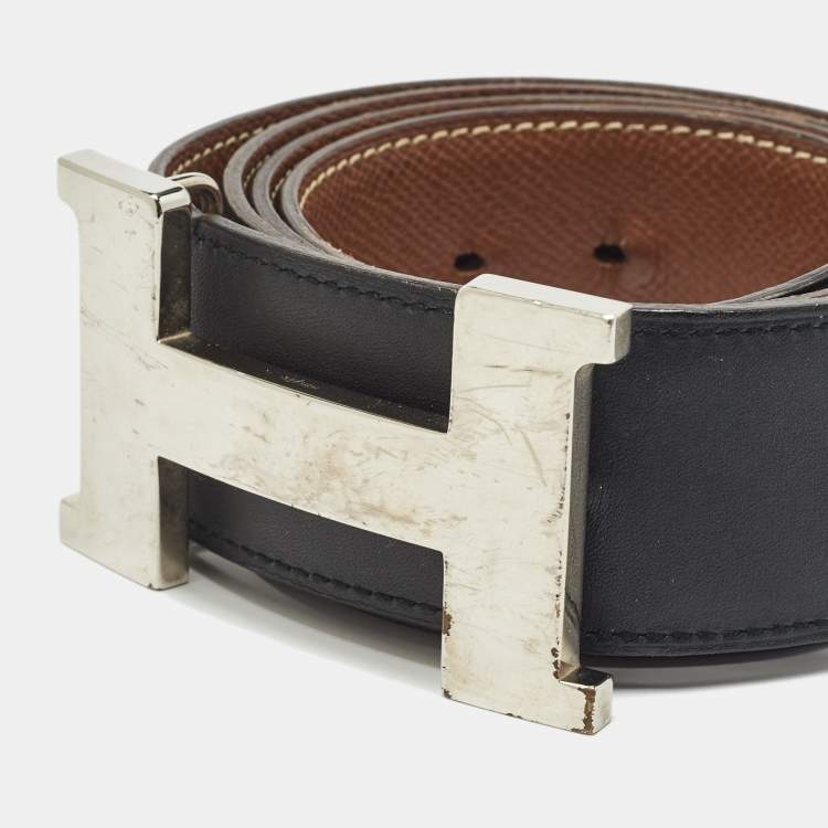 Pre Owned Hermes Black/Gold Swift and Epsom Leather Constance H Reversible Belt 95CM