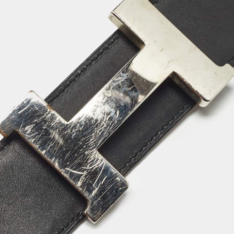 Pre Owned Hermes Black/Gold Swift and Epsom Leather Constance H Reversible Belt 95CM