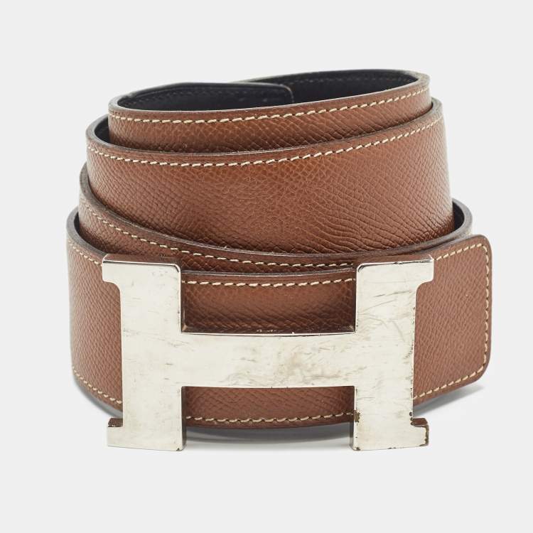 Pre Owned Hermes Black/Gold Swift and Epsom Leather Constance H Reversible Belt 95CM