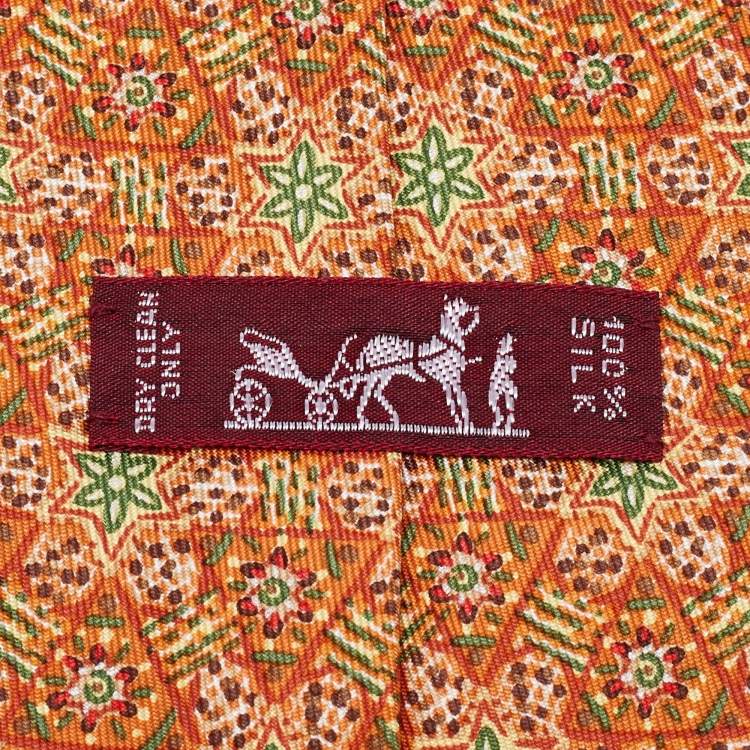 Pre Owned Hermès Orange France Star Print Silk Traditional Tie
