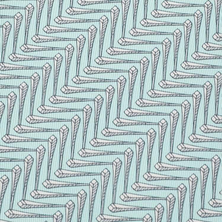 Pre Owned Hermès Mint Blue Herringbone Print Silk Traditional Tie