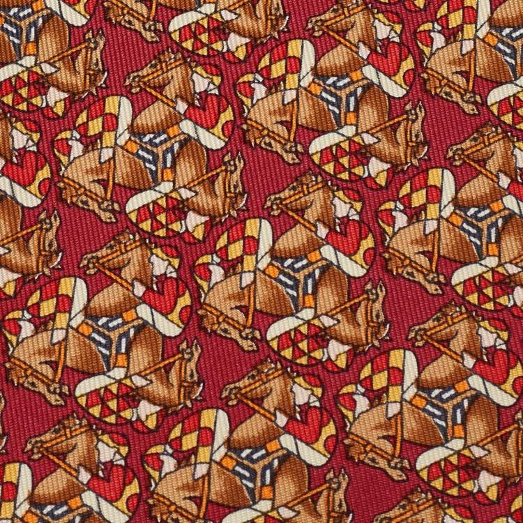Pre Owned Hermès Red Jockey Horses Print Silk Traditional Tie