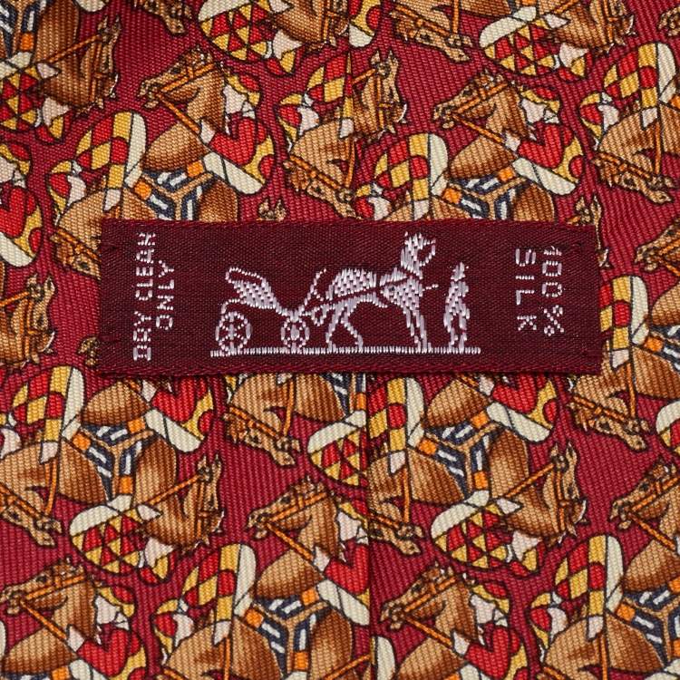 Pre Owned Hermès Red Jockey Horses Print Silk Traditional Tie