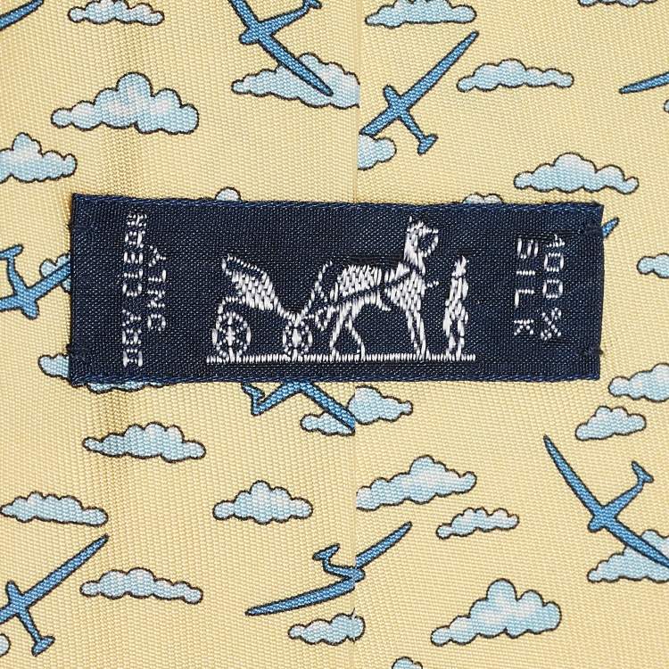 Pre Owned Hermès Yellow Airplane Cloud Print Silk Traditional Tie