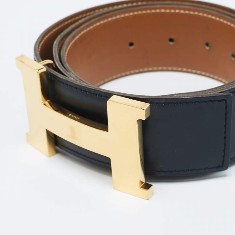 Pre Owned Hermes Noir/Natural Chamonix and Swift Leather Constance Reversible Belt 90 CM