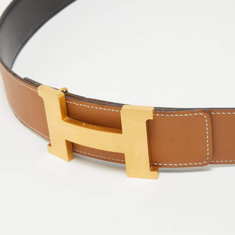 Pre Owned Hermes Noir/Gold Chamonix and Box Leather Constance Reversible Belt 95 CM