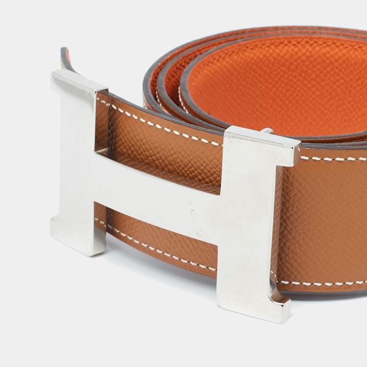 Pre Owned Hermes Gold/Orange Epsom Leather Constance Reversible Belt 85 CM