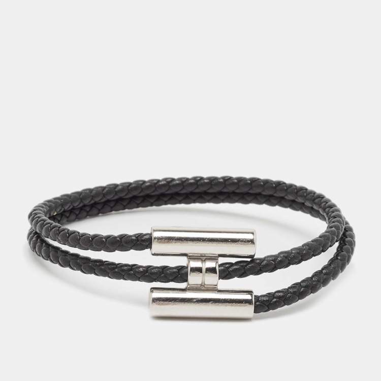 Pre Owned Hermès Tournis Tresse-Black Leather Palladium Plated Bracelet
