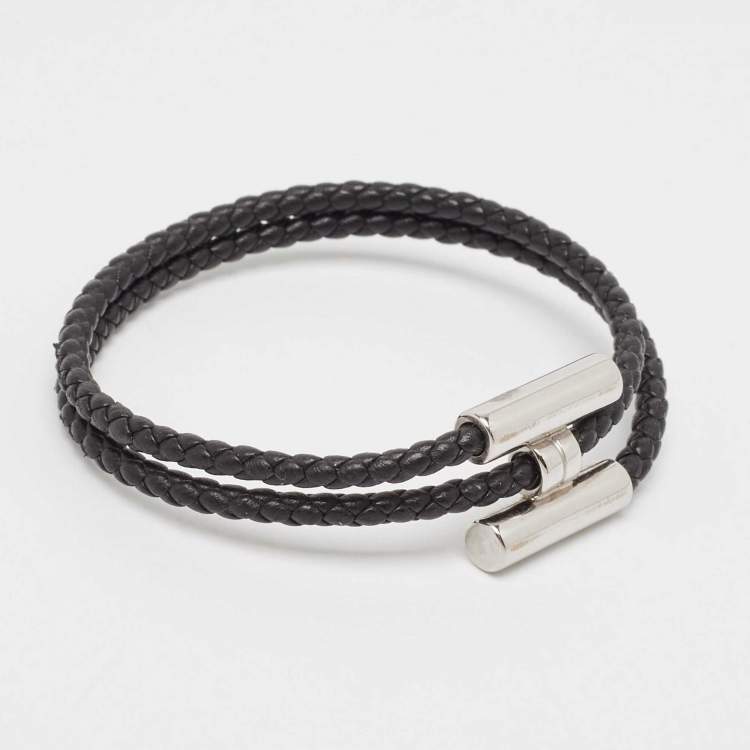 Pre Owned Hermès Tournis Tresse-Black Leather Palladium Plated Bracelet