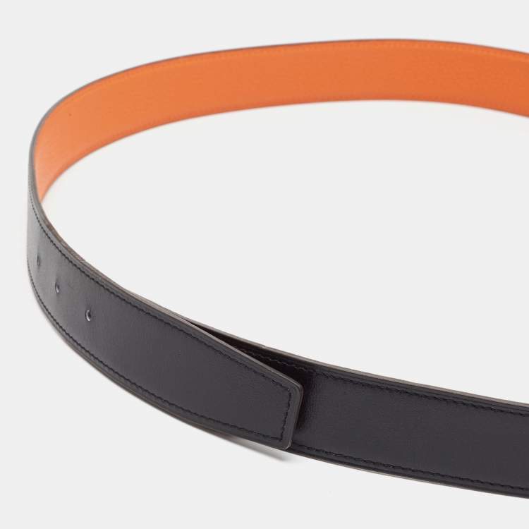 Pre Owned Hermes Black/Orange Box and Togo Leather Reversible Belt Strap 105CM