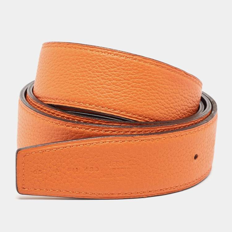 Pre Owned Hermes Black/Orange Box and Togo Leather Reversible Belt Strap 105CM