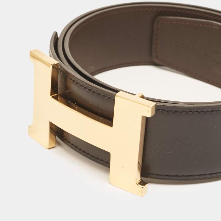 Pre Owned Hermes Noir/Chocolate Chamonix and Swift Leather Constance Reversible Belt 95 CM