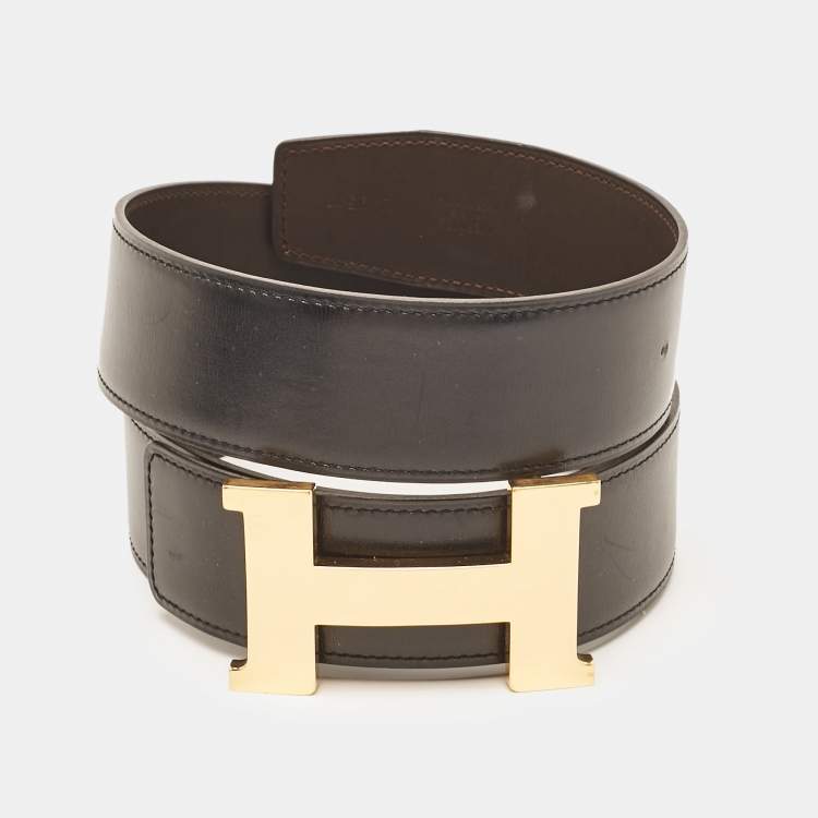 Pre Owned Hermes Noir/Chocolate Chamonix and Swift Leather Constance Reversible Belt 95 CM