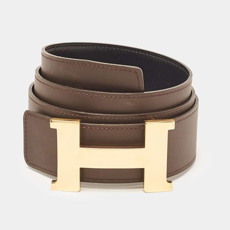 Pre Owned Hermes Noir/Chocolate Chamonix and Swift Leather Constance Reversible Belt 95 CM