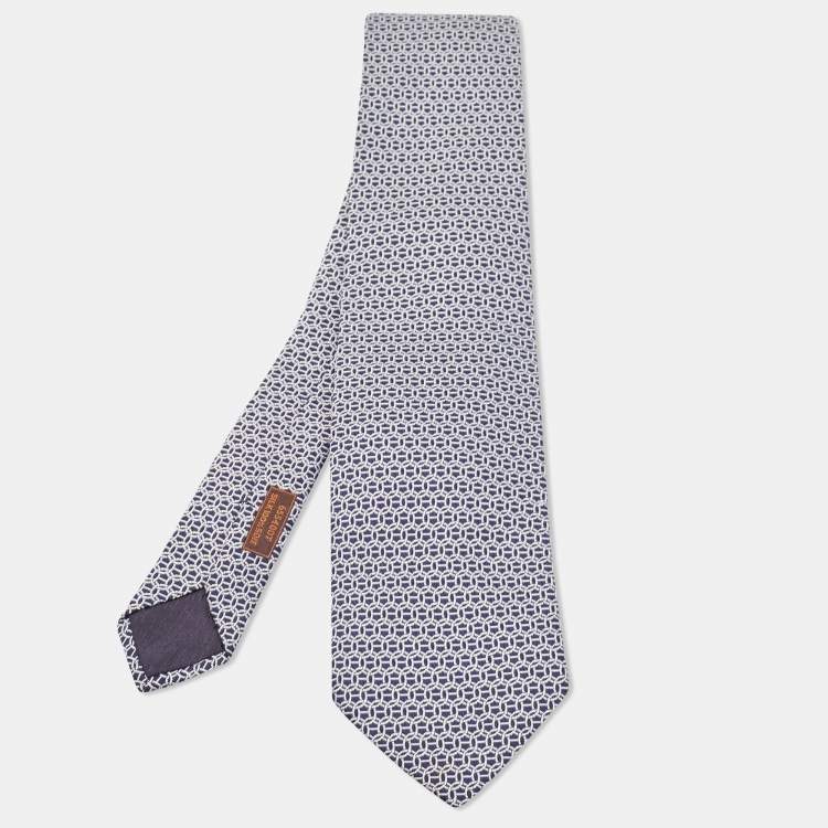 Pre Owned Hermes Blue Patterned Lourde Silk Tie 