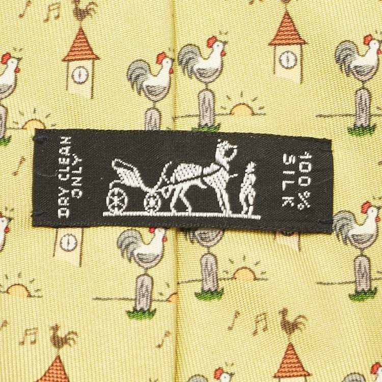 مملوكة مسبقًا Hermes Yellow Rooster Print Silk Tie 