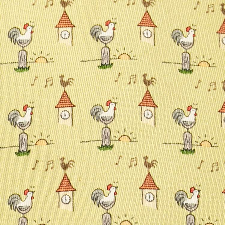 مملوكة مسبقًا Hermes Yellow Rooster Print Silk Tie 