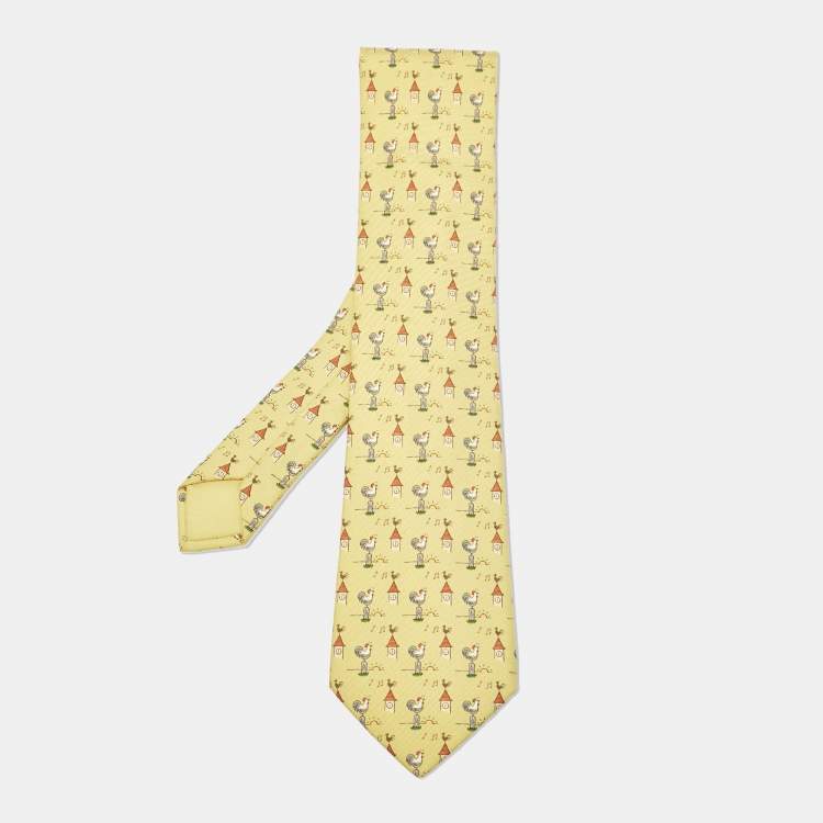 مملوكة مسبقًا Hermes Yellow Rooster Print Silk Tie 