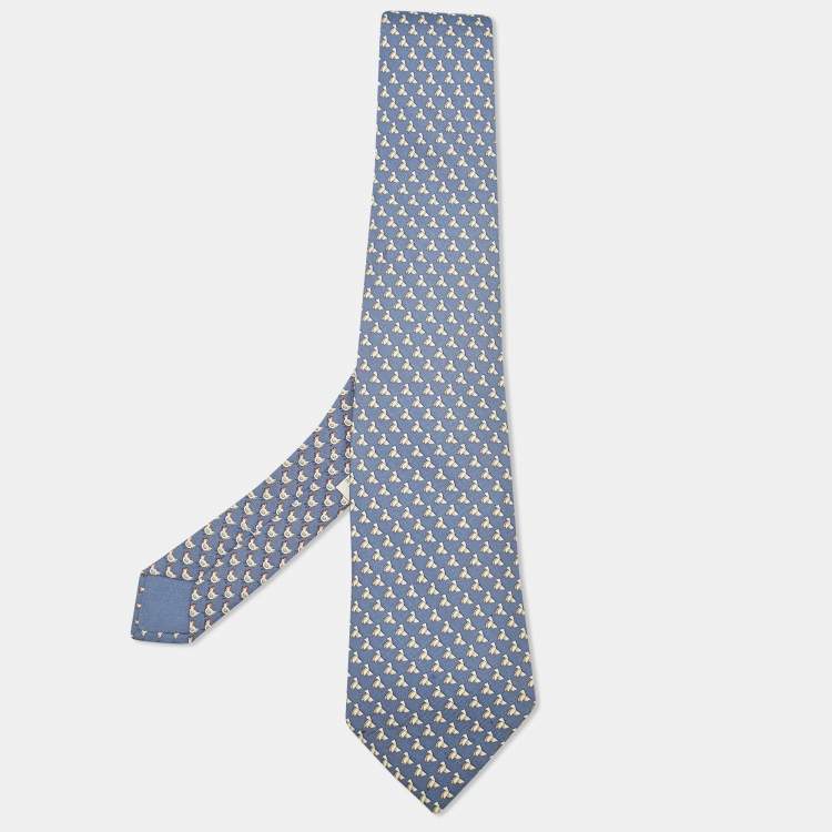 Pre Owned Hermes Blue Origami Chicken Print Silk Tie