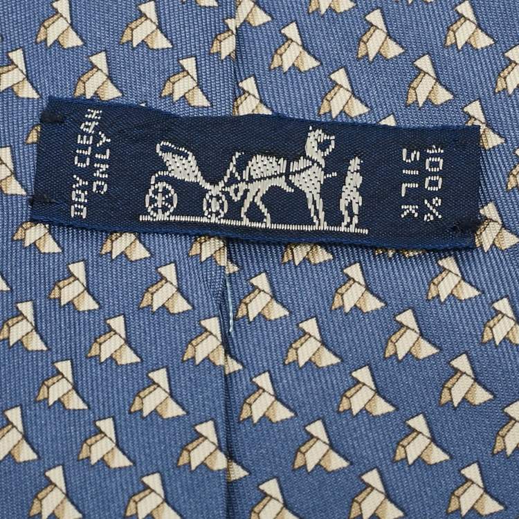 Pre Owned Hermes Blue Origami Chicken Print Silk Tie