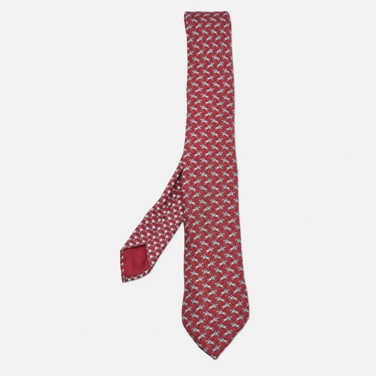 Pre Owned Hermes Burgundy Knights and trophies Print Silk Tie 