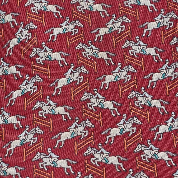 Pre Owned Hermes Burgundy Knights and trophies Print Silk Tie 