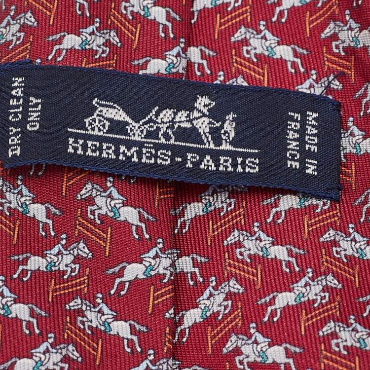 Pre Owned Hermes Burgundy Knights and trophies Print Silk Tie 