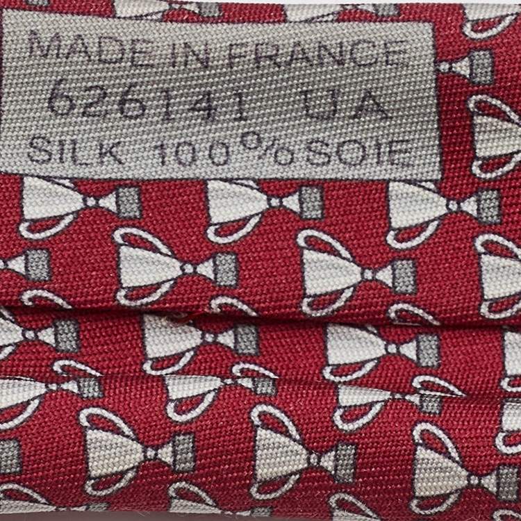Pre Owned Hermes Burgundy Knights and trophies Print Silk Tie 