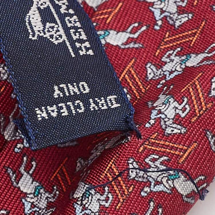Pre Owned Hermes Burgundy Knights and trophies Print Silk Tie 