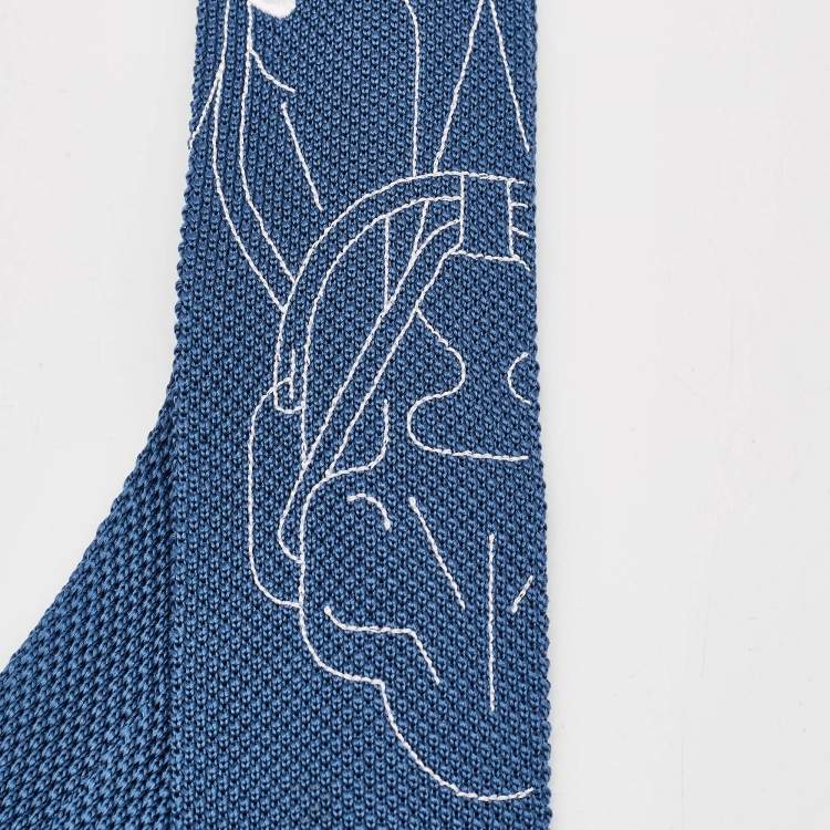 Pre Owned Hermes Blue Silk Knit Tete-A-Tete Equestre Tie