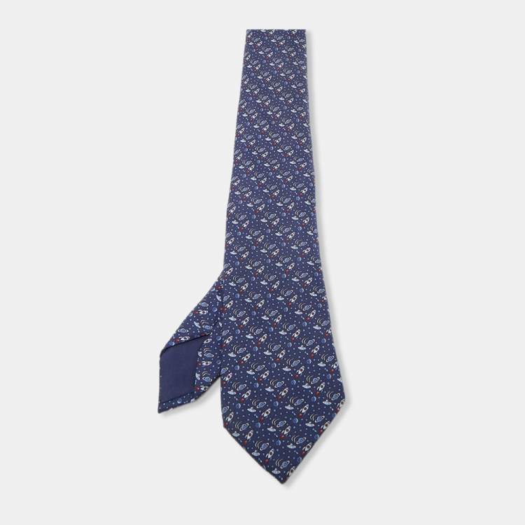 Pre Owned Hermes Navy Blue Space Print Silk Tie