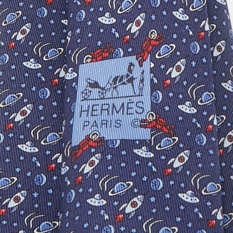 Pre Owned Hermes Navy Blue Space Print Silk Tie