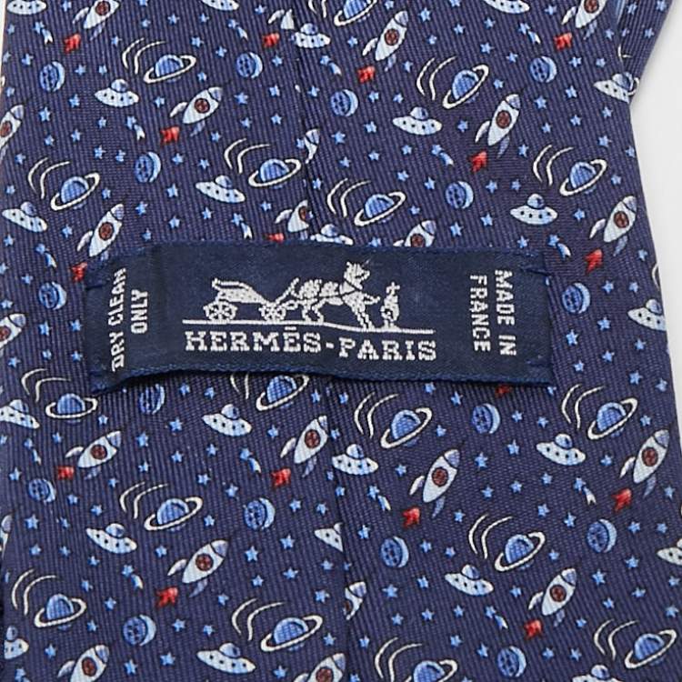Pre Owned Hermes Navy Blue Space Print Silk Tie