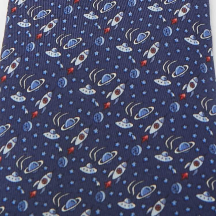 Pre Owned Hermes Navy Blue Space Print Silk Tie