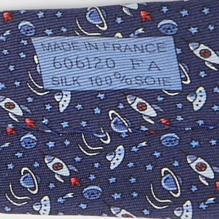 Pre Owned Hermes Navy Blue Space Print Silk Tie