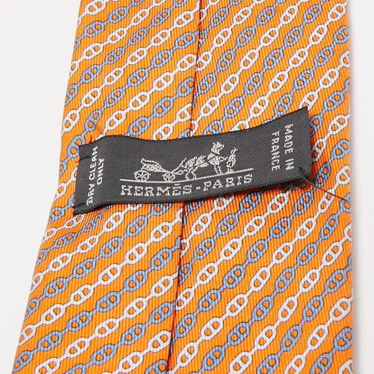 Pre Owned Hermes orange Print Silk L'ancre Tie