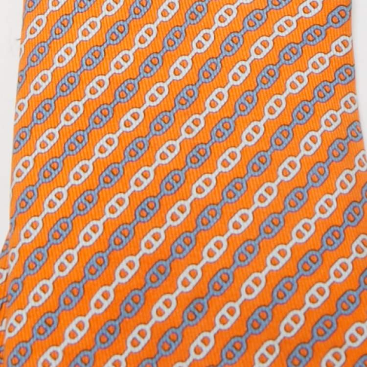 Pre Owned Hermes orange Print Silk L'ancre Tie