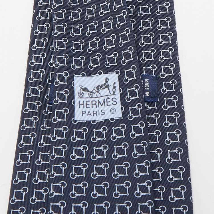 Pre Owned Hermes Navy Blue Print Silk Mors Ever Marine Tie