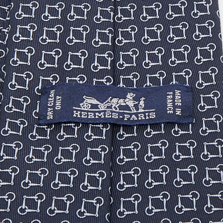 Pre Owned Hermes Navy Blue Print Silk Mors Ever Marine Tie