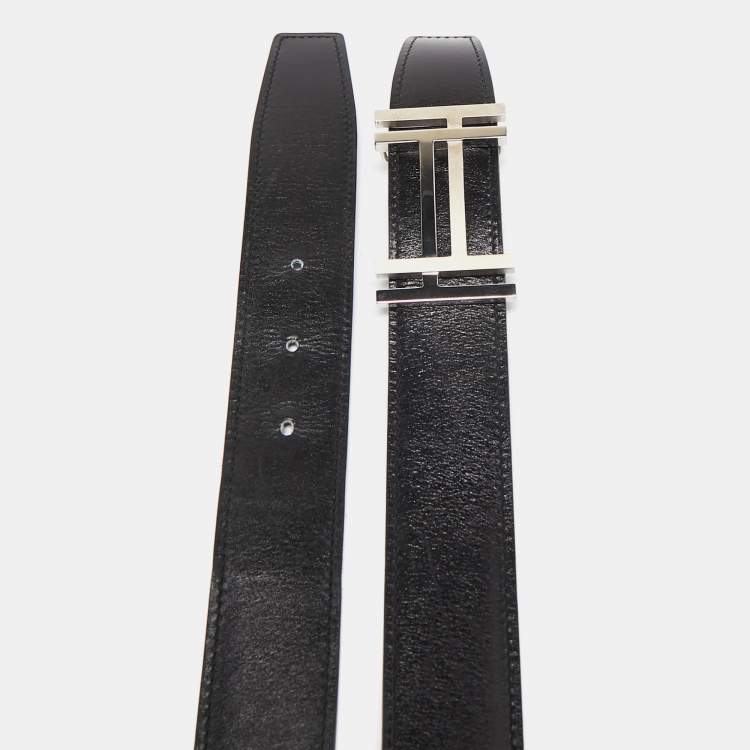 Pre Owned Hermes Noir/Bleu De Prusse Chamonix and Togo Leather H Au Carre Reversible Belt 100 CM