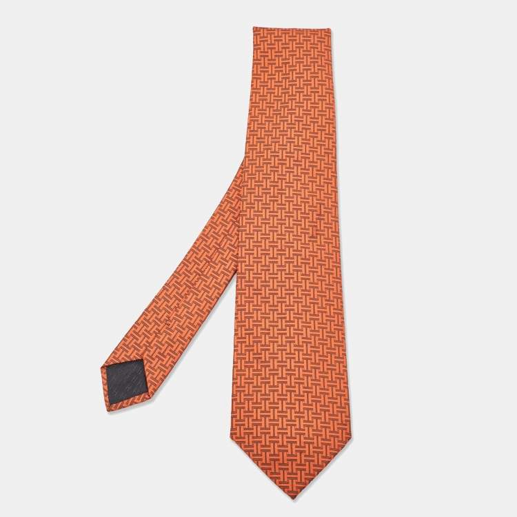 Pre Owned Hermès Orange Patterned Silk Tie