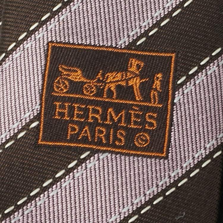 Pre Owned Hermès Brown Diagonal Striped Silk Tie 