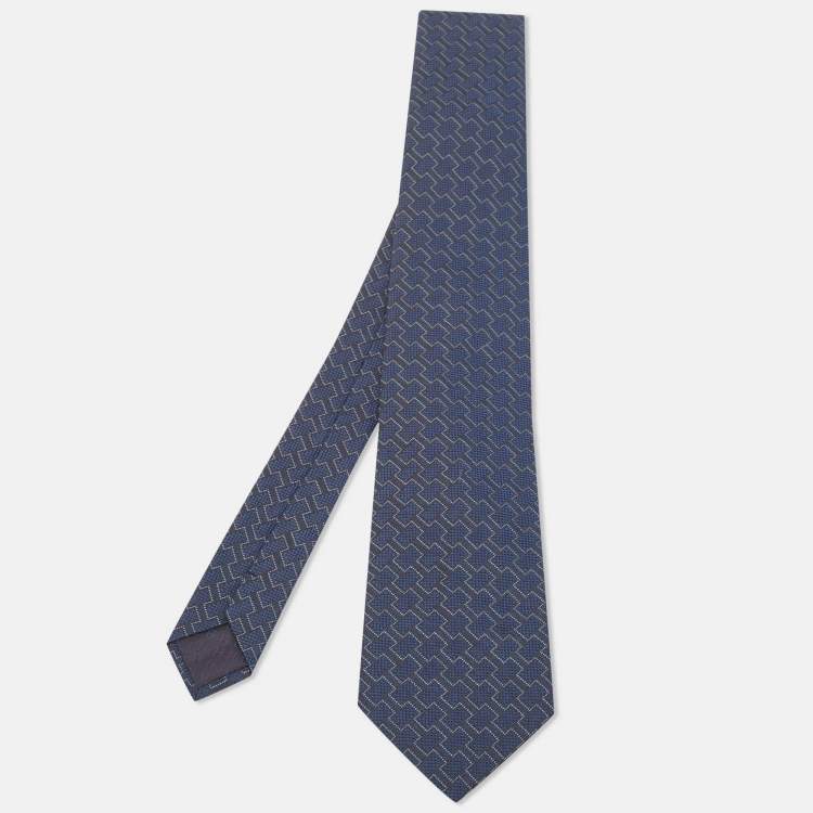 Pre Owned Hermes Navy Blue Patterned Silk Tie
