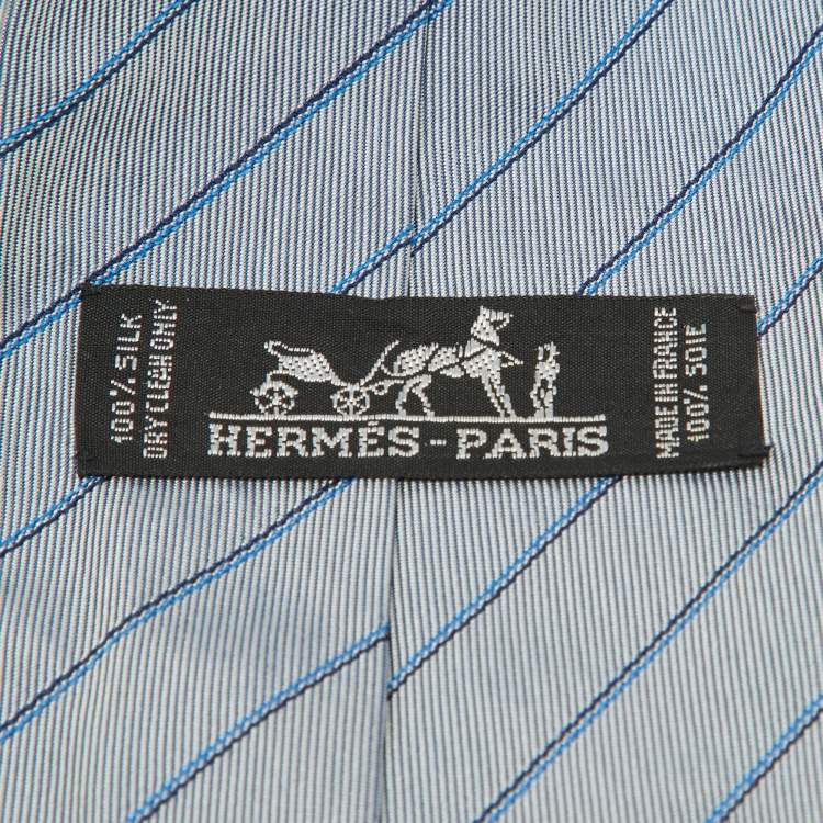Pre Owned Hermes Grey/Blue Diagonal Striped Silk Classic Tie