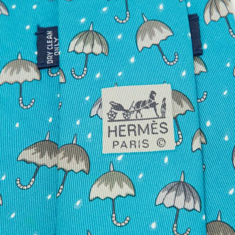 Pre Owned Hermes Blue/Grey Umbrella Print Silk Classic Tie